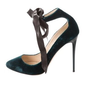 Jimmy Choo Teal Velvet Ankle-Tie Stiletto Pumps